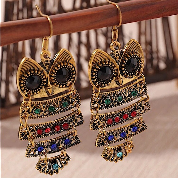 2 FOR $20 Vintage Gold Multicolor Rhinestone Owl Earrings - Picture 2 of 7
